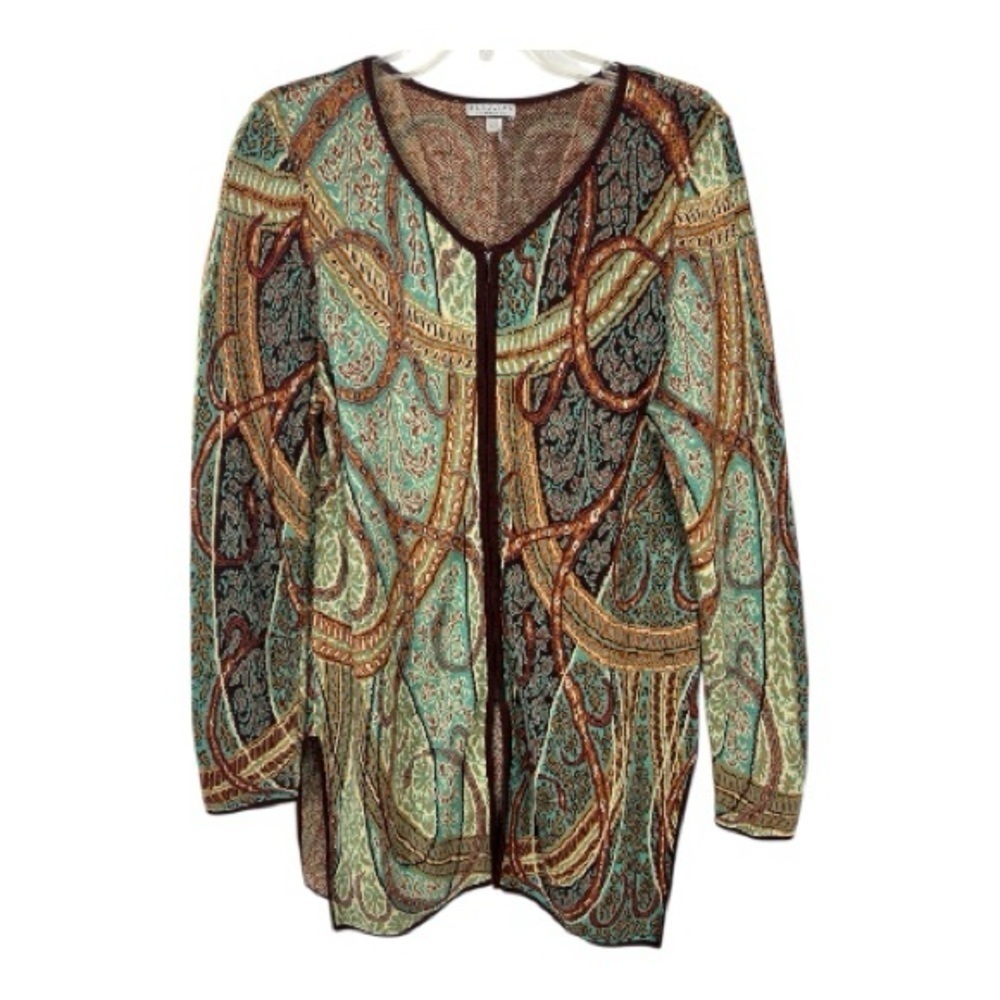 Peruvian Connection Sz Large Zip Cardigan Vibrant Print Brown Blue Pima Cotton